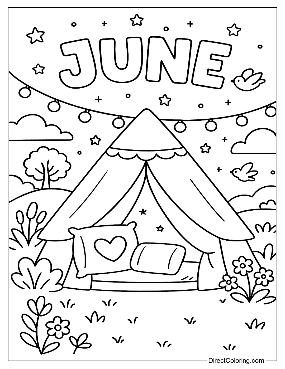 a June camping tent coloring page under the stars, surrounded by string lights and soft pillows